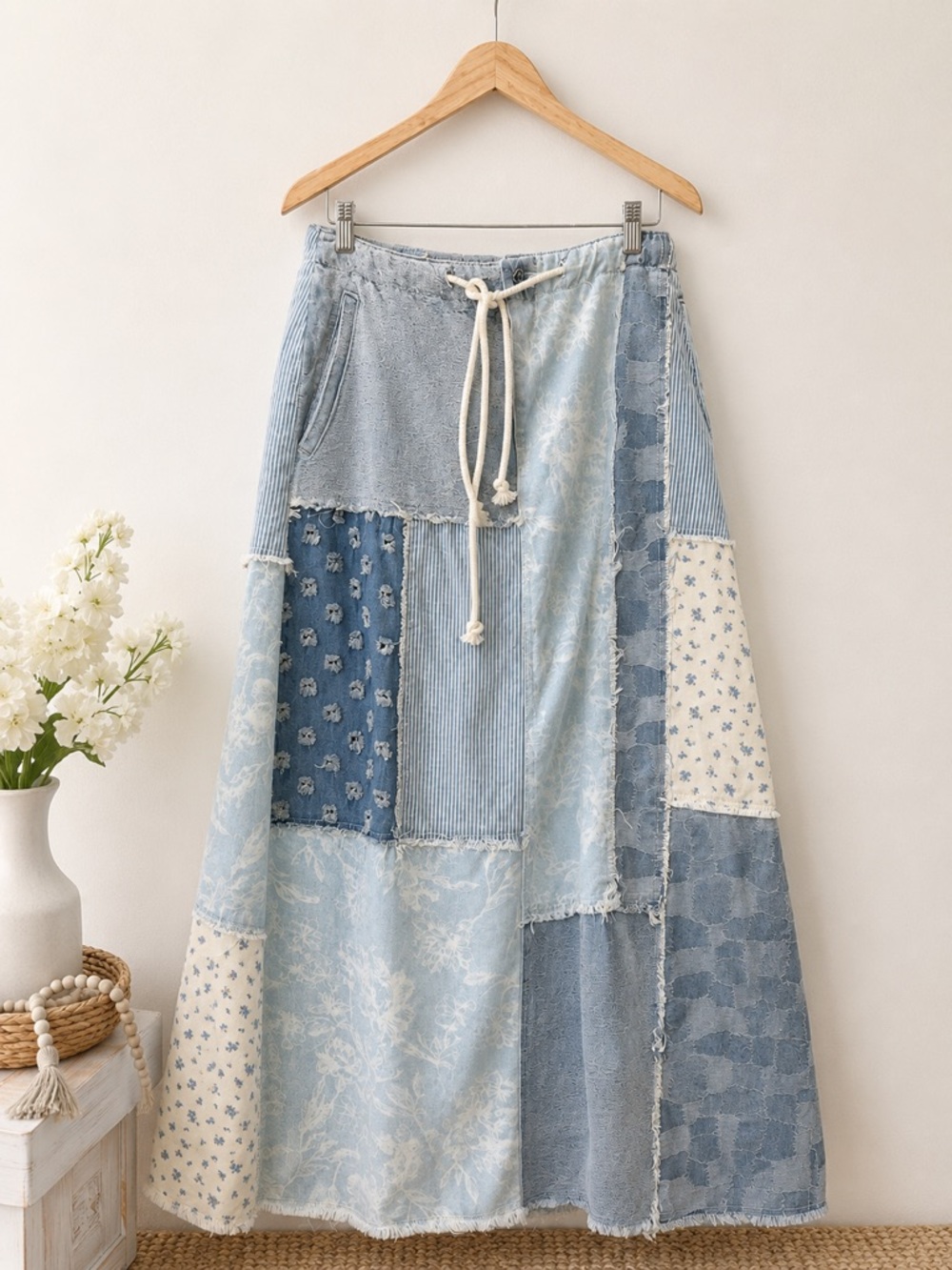 POL Patchwork Denim Maxi Skirt 100% Cotton Boho Size Large - Picture 1 of 4